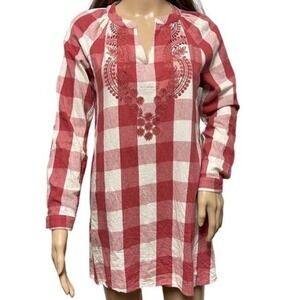 ILLA ILLA Red White Gingham Embroidered Tunic‎ Top Size S Long Sleeve Boho
